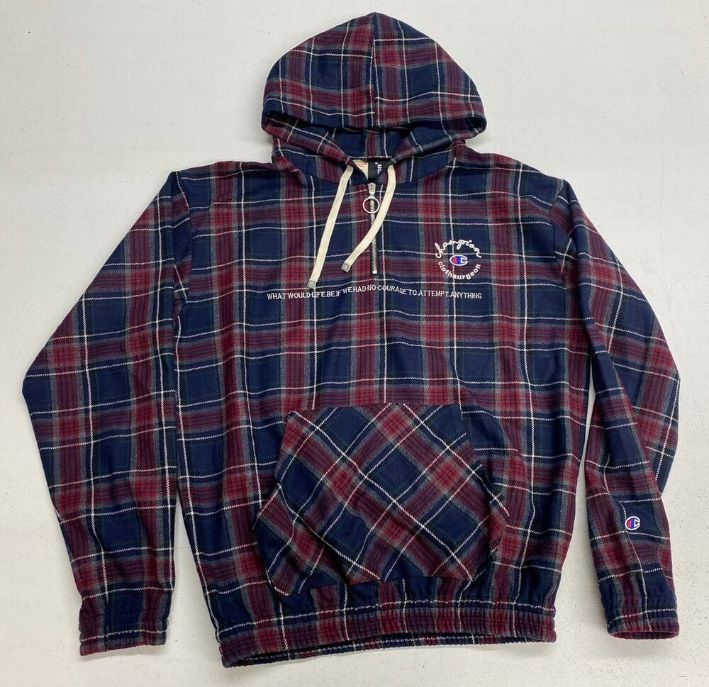 Men Champion x Clothsurgeon Italy Tartan plaid wool blend 1/4 zip popover hoodie